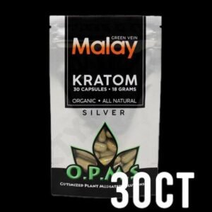 OPMS KRATOM SILVER GREEN VEIN MALAY 18 GM, 30 CAPS IN A BAG